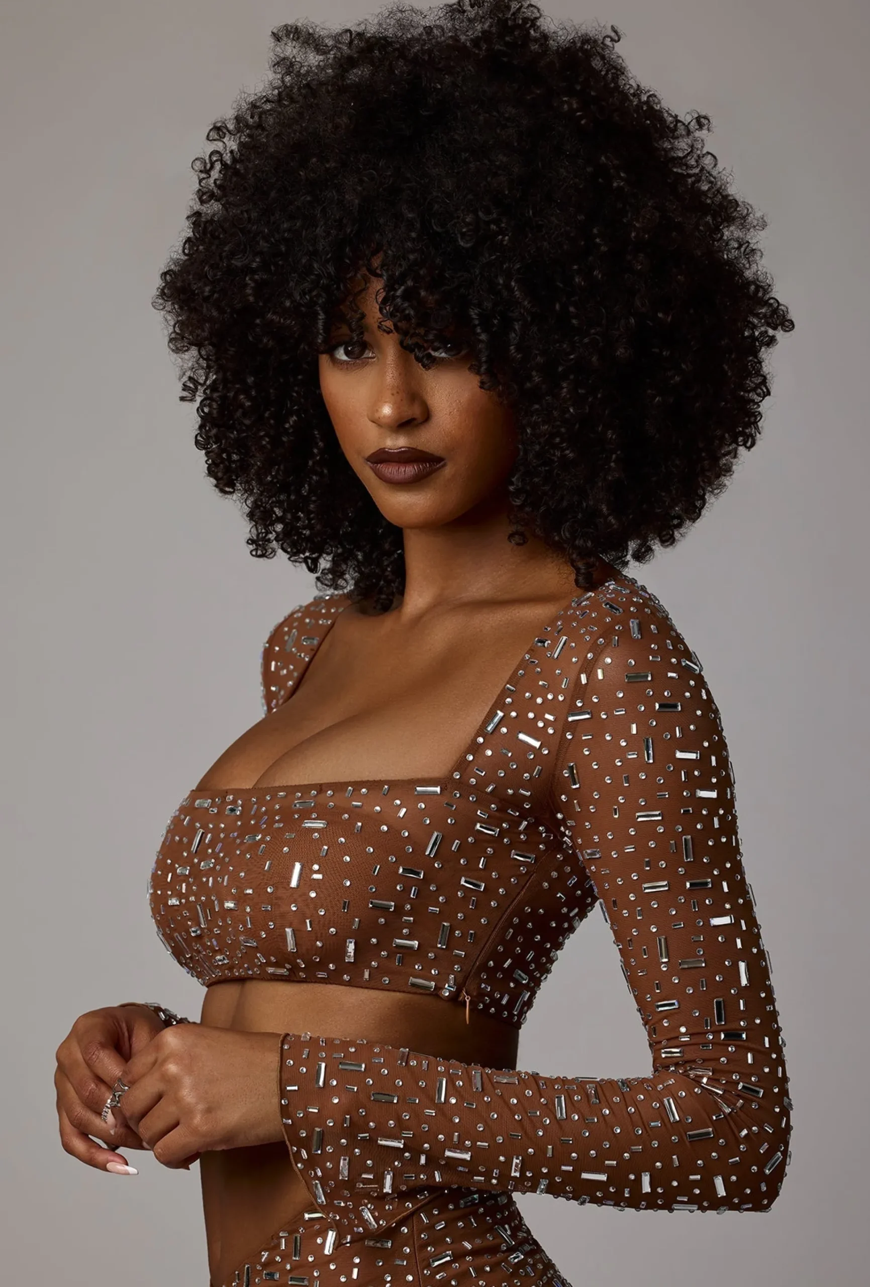 Oh Polly Co-Ords | Tops^Sheer Embellished Long Sleeve Crop Top in Mocha