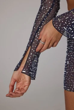 Oh Polly Co-Ords | Tops^Sheer Embellished Long Sleeve Crop Top in Navy