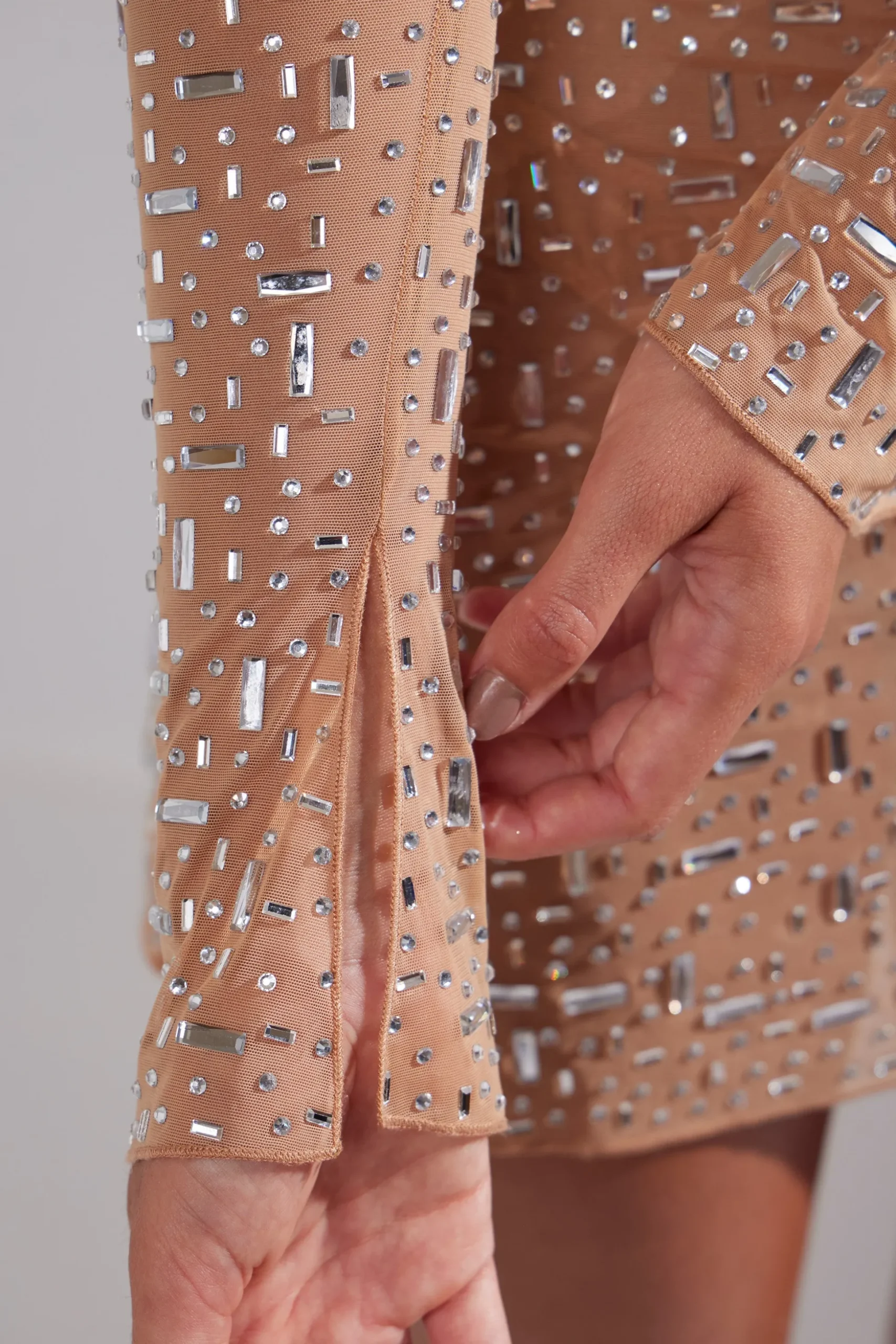 Oh Polly Party Dresses | Birthday^Sheer Embellished Long Sleeve A-Line Mini Dress in Almond