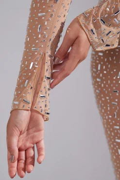 Oh Polly Tops | Party Dresses^Sheer Embellished Long Sleeve Square Neck Crop Top in Almond