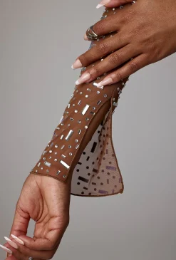 Oh Polly Co-Ords | Tops^Sheer Embellished Long Sleeve Crop Top in Mocha