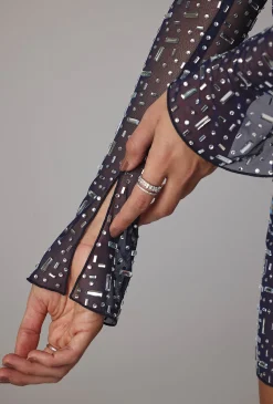Oh Polly Mesh Dresses | Embellished Dresses^Sheer Embellished Long Sleeve A-Line Mini Dress in Navy