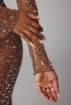 Oh Polly Party Dresses | Holiday Party Dresses & Outfits^Sheer Embellished Long Sleeve Evening Gown in Mocha