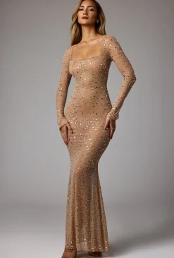 Oh Polly Party Dresses | Holiday Party Dresses & Outfits^Sheer Embellished Long Sleeve Evening Gown in Almond