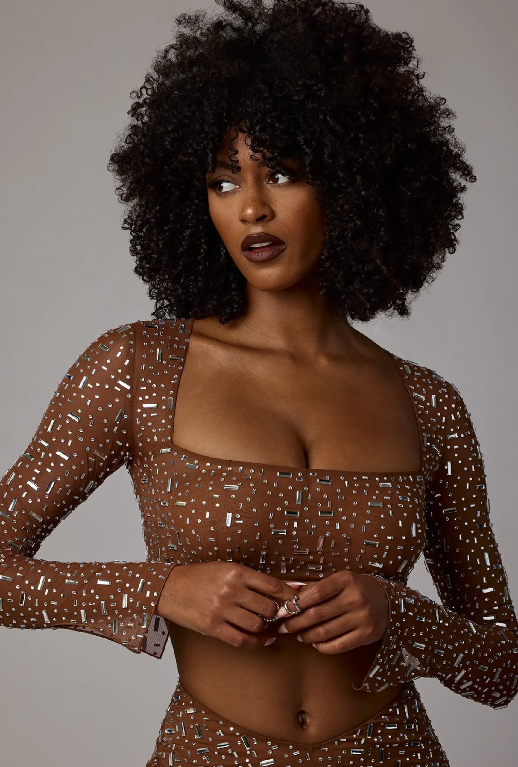 Oh Polly Co-Ords | Tops^Sheer Embellished Long Sleeve Crop Top in Mocha