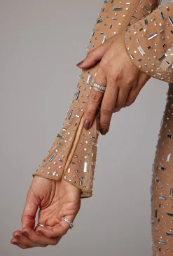 Oh Polly Party Dresses | Holiday Party Dresses & Outfits^Sheer Embellished Long Sleeve Evening Gown in Almond