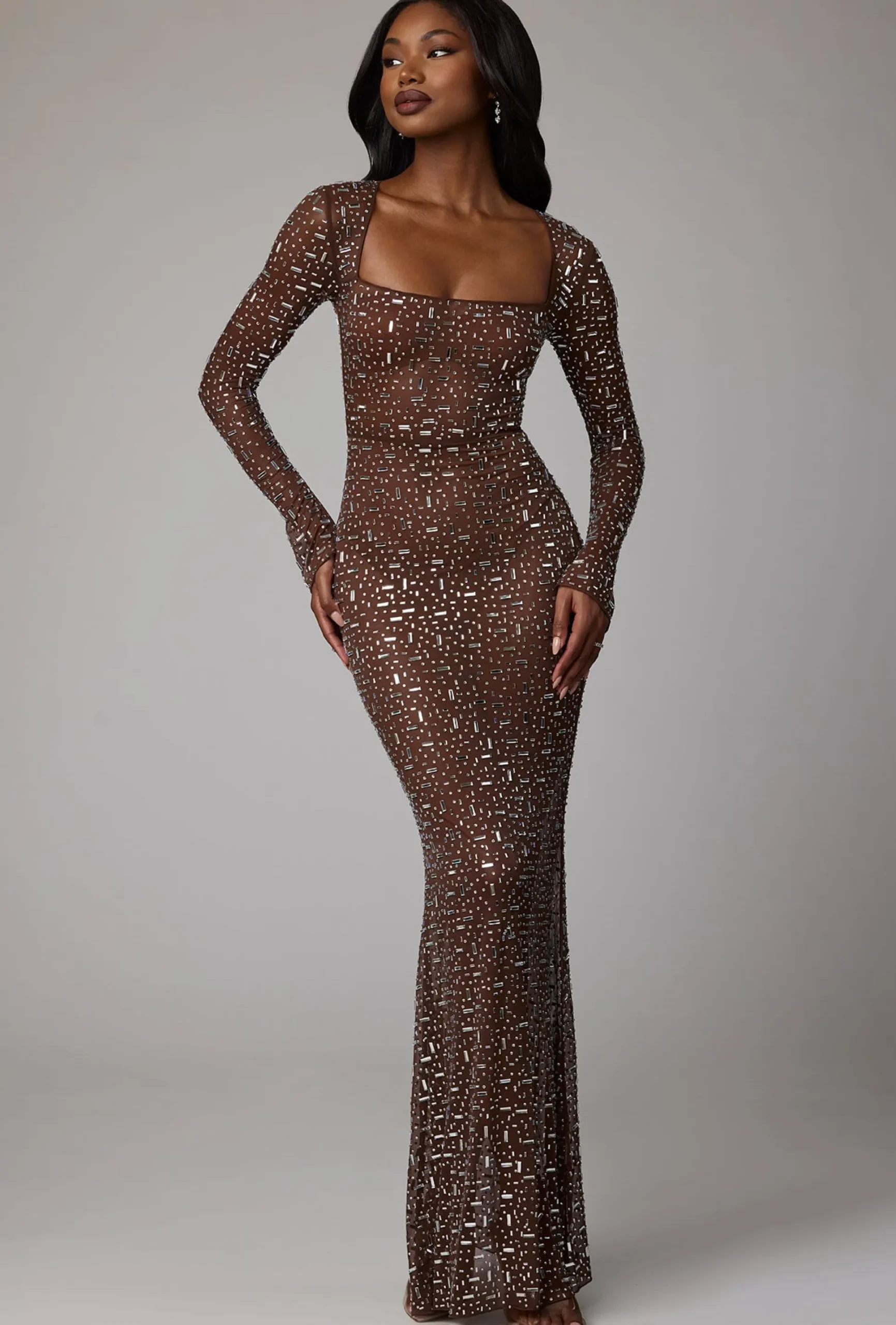 Oh Polly Party Dresses | Birthday^Sheer Embellished Long Sleeve Evening Gown in Deep Cocoa DeepCocoa