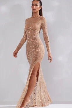 Oh Polly Party Dresses | Birthday^Sheer Embellished Long Sleeve Evening Gown in Almond