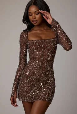 Oh Polly Party Dresses | Holiday Party Dresses & Outfits^Sheer Embellished Long Sleeve A-Line Mini Dress in Deep Cocoa DeepCocoa