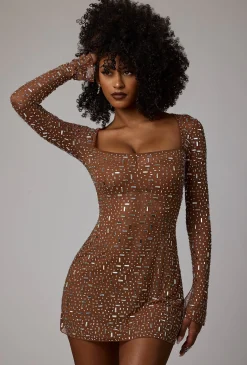 Oh Polly Party Dresses | Holiday Party Dresses & Outfits^Sheer Embellished Long Sleeve A-Line Mini Dress in Mocha