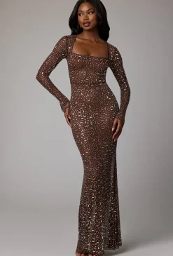 Oh Polly Party Dresses | Birthday^Sheer Embellished Long Sleeve Evening Gown in Deep Cocoa DeepCocoa