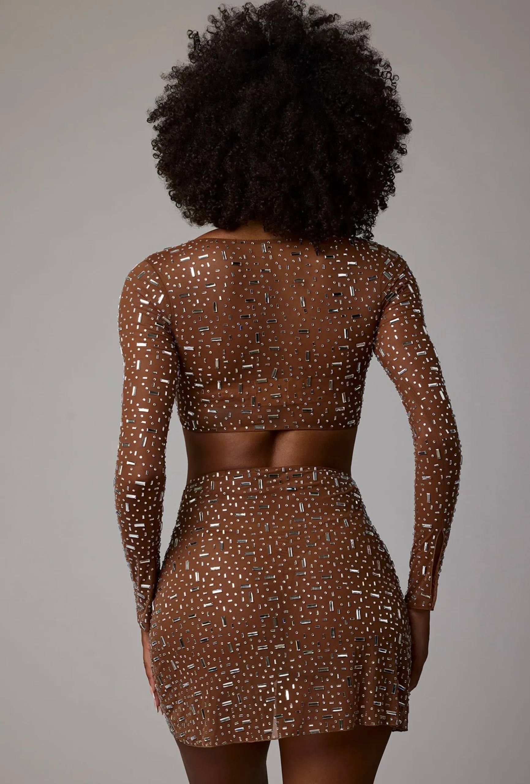 Oh Polly Co-Ords | Tops^Sheer Embellished Long Sleeve Crop Top in Mocha