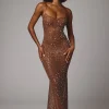 Oh Polly Party Dresses | Holiday Party Dresses & Outfits^Sheer Embellished Scoop Neck Evening Gown in Mocha
