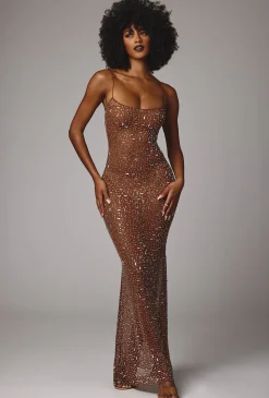 Oh Polly Party Dresses | Holiday Party Dresses & Outfits^Sheer Embellished Scoop Neck Evening Gown in Mocha