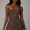 Oh Polly Party Dresses | Holiday Party Dresses & Outfits^Sheer Embellished Scoop Neck Mini Dress in Deep Cocoa DeepCocoa