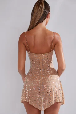 Oh Polly Party Dresses | Birthday^Sheer Embellished Scoop Neck Mini Dress in Almond