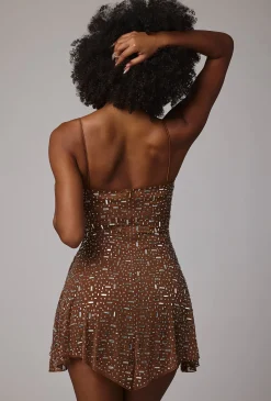 Oh Polly Party Dresses | Holiday Party Dresses & Outfits^Sheer Embellished Scoop Neck Mini Dress in Mocha