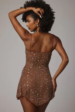 Oh Polly Party Dresses | Holiday Party Dresses & Outfits^Sheer Embellished Scoop Neck Mini Dress in Mocha