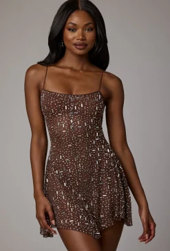 Oh Polly Party Dresses | Holiday Party Dresses & Outfits^Sheer Embellished Scoop Neck Mini Dress in Deep Cocoa DeepCocoa