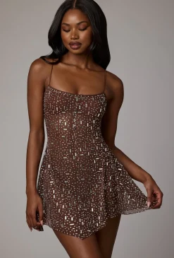 Oh Polly Party Dresses | Holiday Party Dresses & Outfits^Sheer Embellished Scoop Neck Mini Dress in Deep Cocoa DeepCocoa