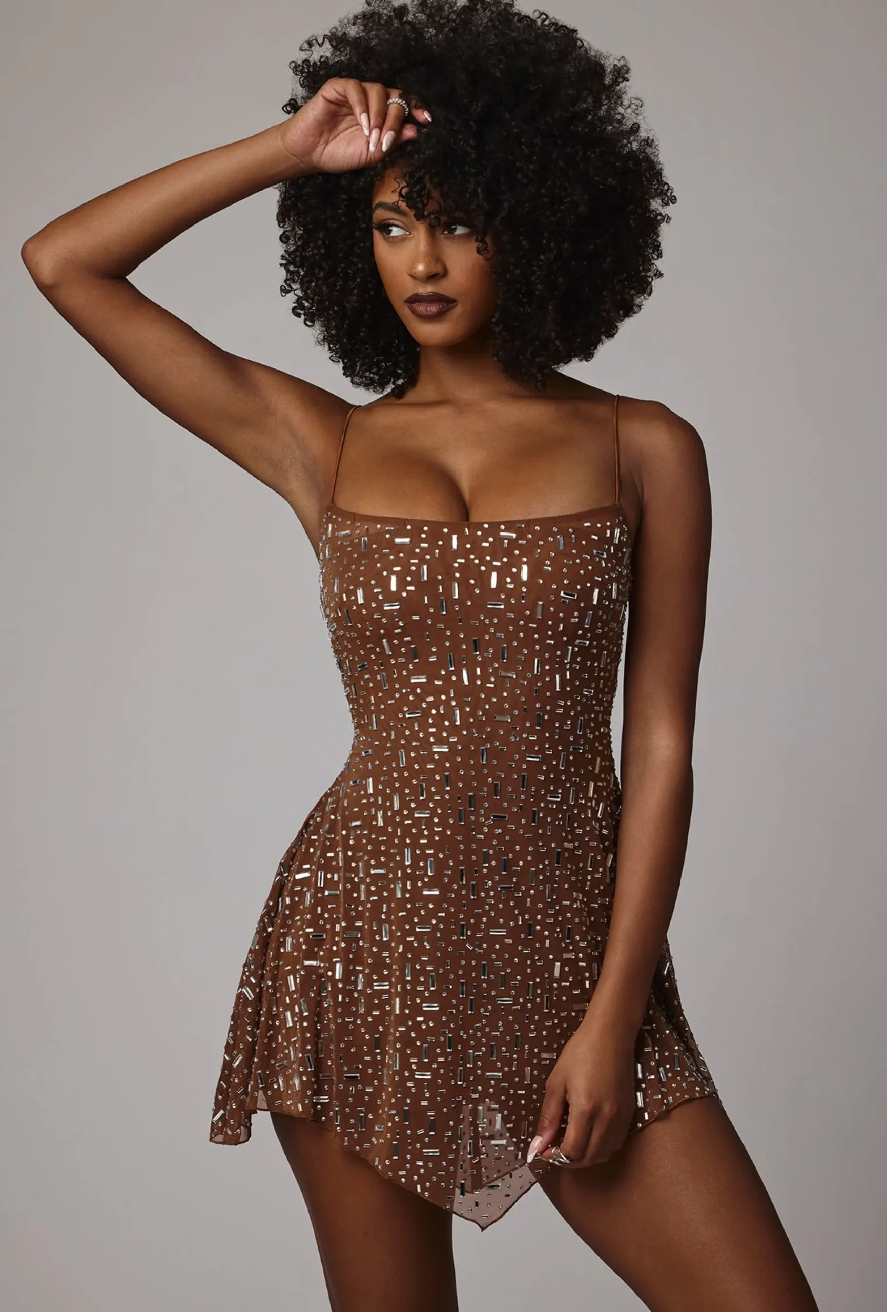 Oh Polly Party Dresses | Holiday Party Dresses & Outfits^Sheer Embellished Scoop Neck Mini Dress in Mocha