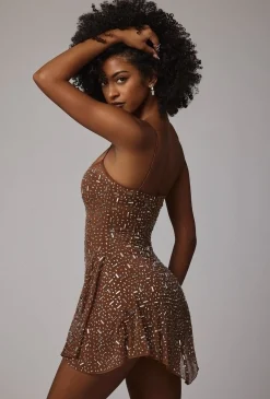 Oh Polly Party Dresses | Holiday Party Dresses & Outfits^Sheer Embellished Scoop Neck Mini Dress in Mocha