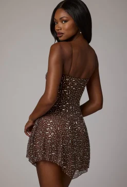 Oh Polly Party Dresses | Holiday Party Dresses & Outfits^Sheer Embellished Scoop Neck Mini Dress in Deep Cocoa DeepCocoa