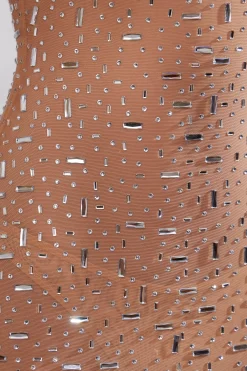 Oh Polly Party Dresses | Birthday^Sheer Embellished Scoop Neck Evening Gown in Almond