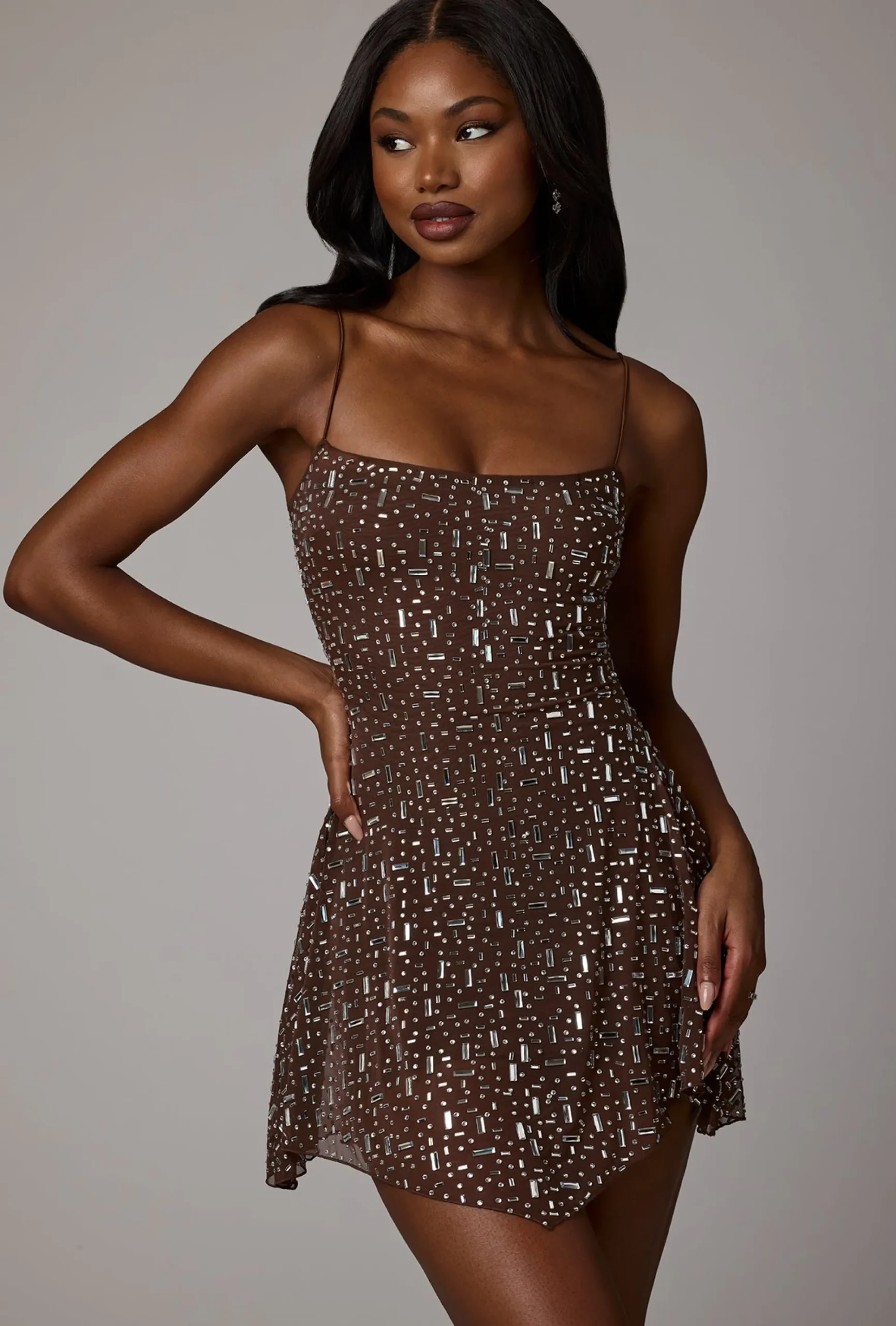 Oh Polly Party Dresses | Holiday Party Dresses & Outfits^Sheer Embellished Scoop Neck Mini Dress in Deep Cocoa DeepCocoa