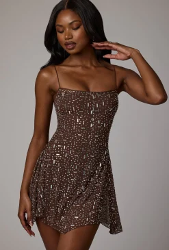 Oh Polly Party Dresses | Holiday Party Dresses & Outfits^Sheer Embellished Scoop Neck Mini Dress in Deep Cocoa DeepCocoa