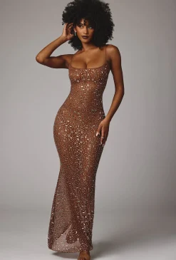 Oh Polly Party Dresses | Holiday Party Dresses & Outfits^Sheer Embellished Scoop Neck Evening Gown in Mocha