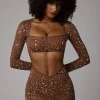 Oh Polly Skirts & Skorts | Co-Ords^Sheer Embellished V Waist Mini Skirt in Mocha