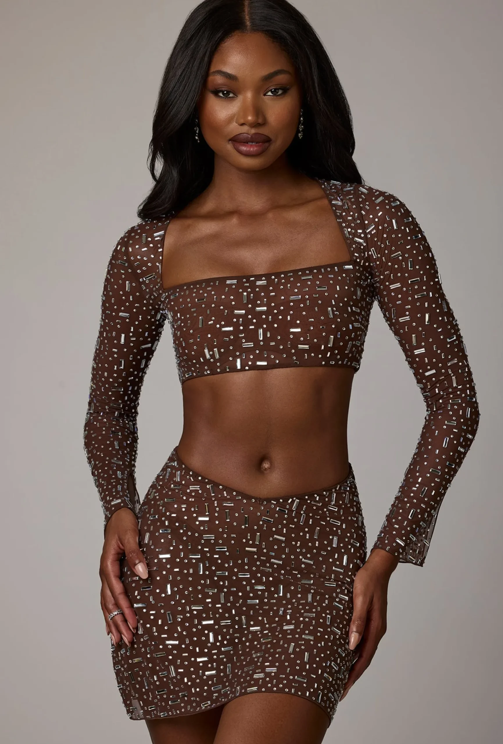 Oh Polly Skirts & Skorts | Co-Ords^Sheer Embellished V Waist Mini Skirt in Deep Cocoa DeepCocoa