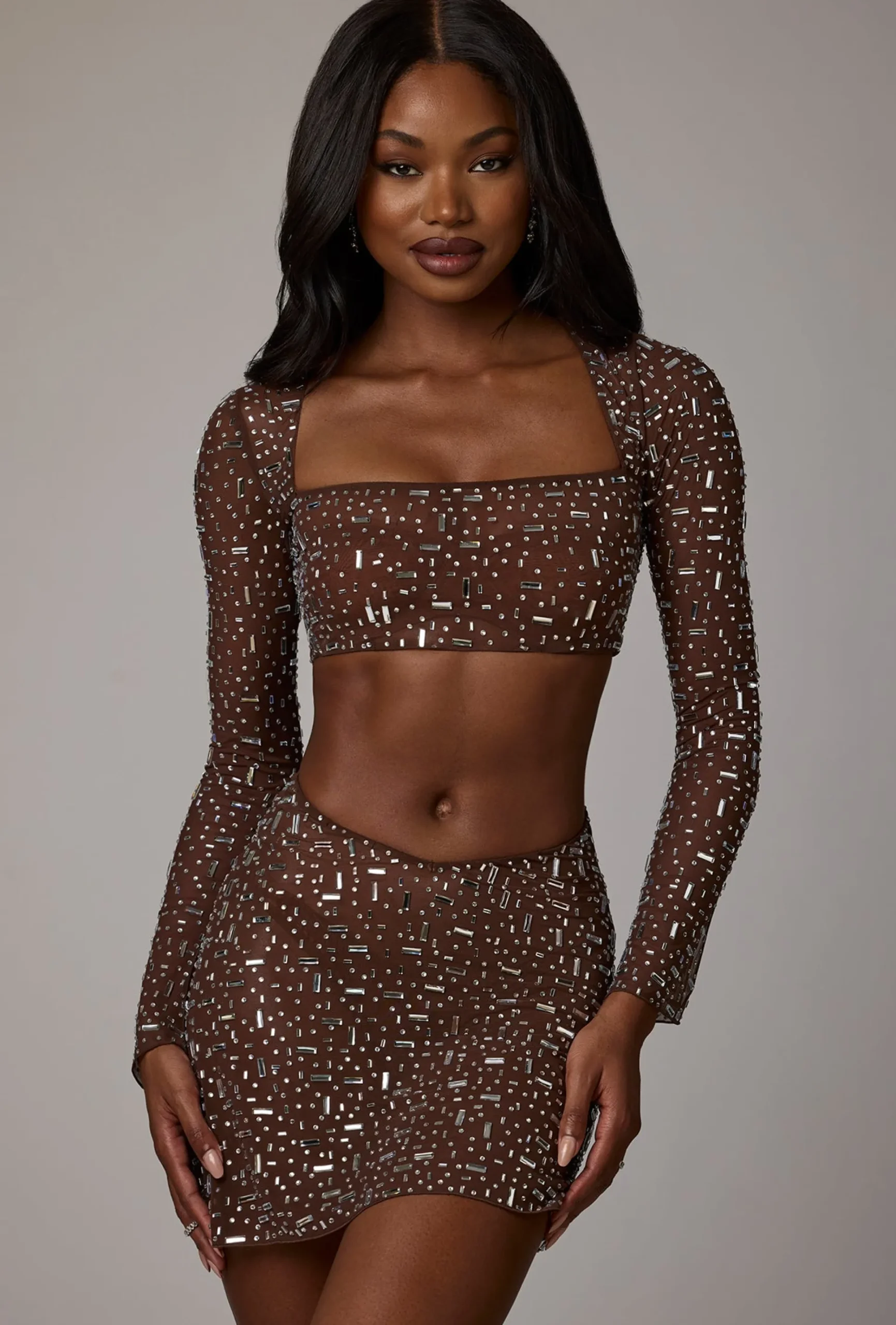 Oh Polly Skirts & Skorts | Co-Ords^Sheer Embellished V Waist Mini Skirt in Deep Cocoa DeepCocoa
