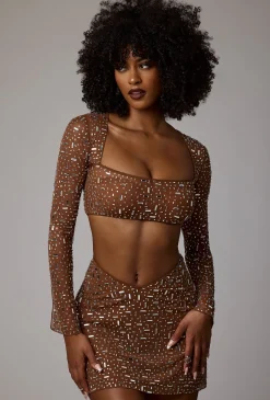 Oh Polly Skirts & Skorts | Co-Ords^Sheer Embellished V Waist Mini Skirt in Mocha