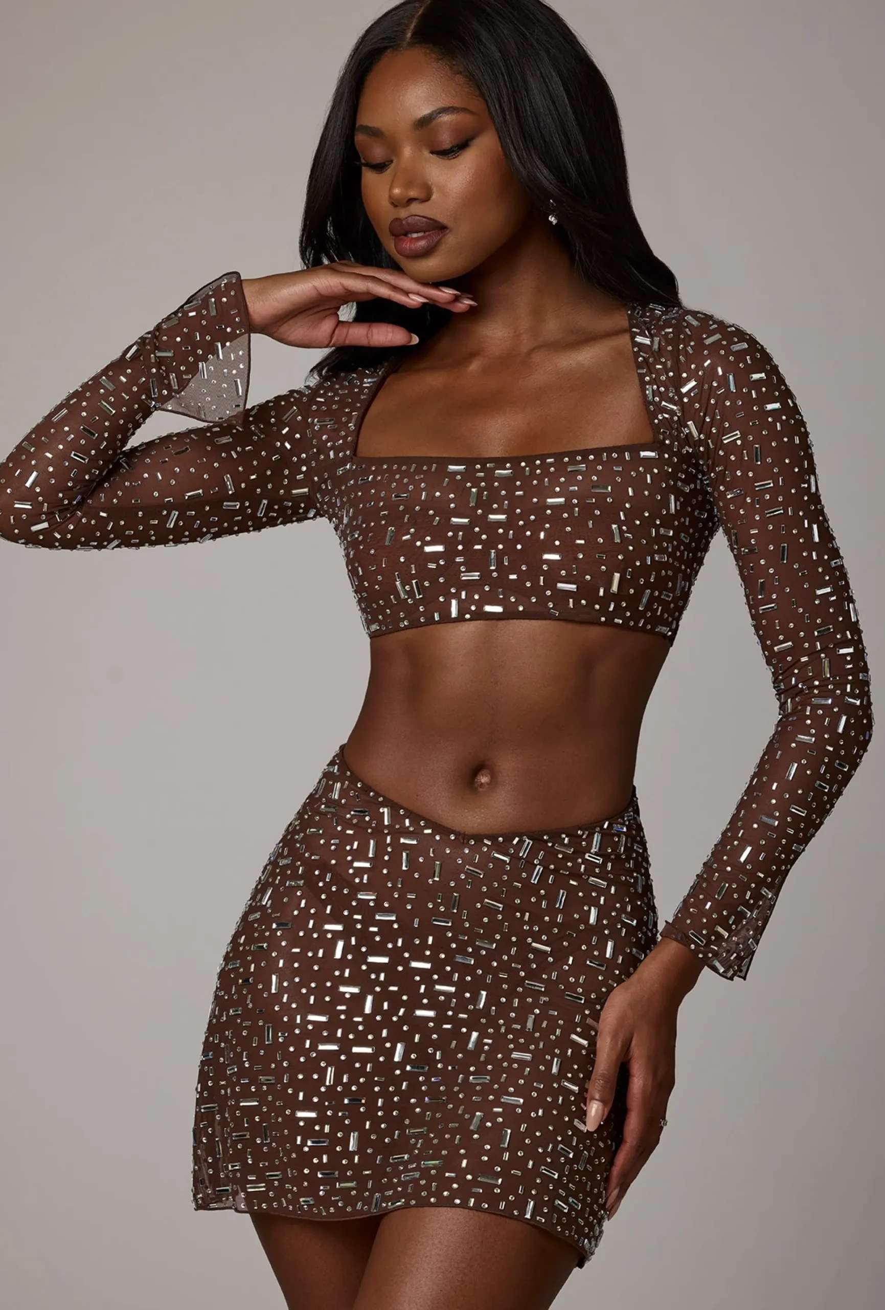 Oh Polly Skirts & Skorts | Co-Ords^Sheer Embellished V Waist Mini Skirt in Deep Cocoa DeepCocoa