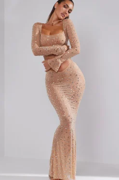 Oh Polly Skirts & Skorts | Co-Ords^Sheer Embellished V-Waist Gown Skirt in Almond