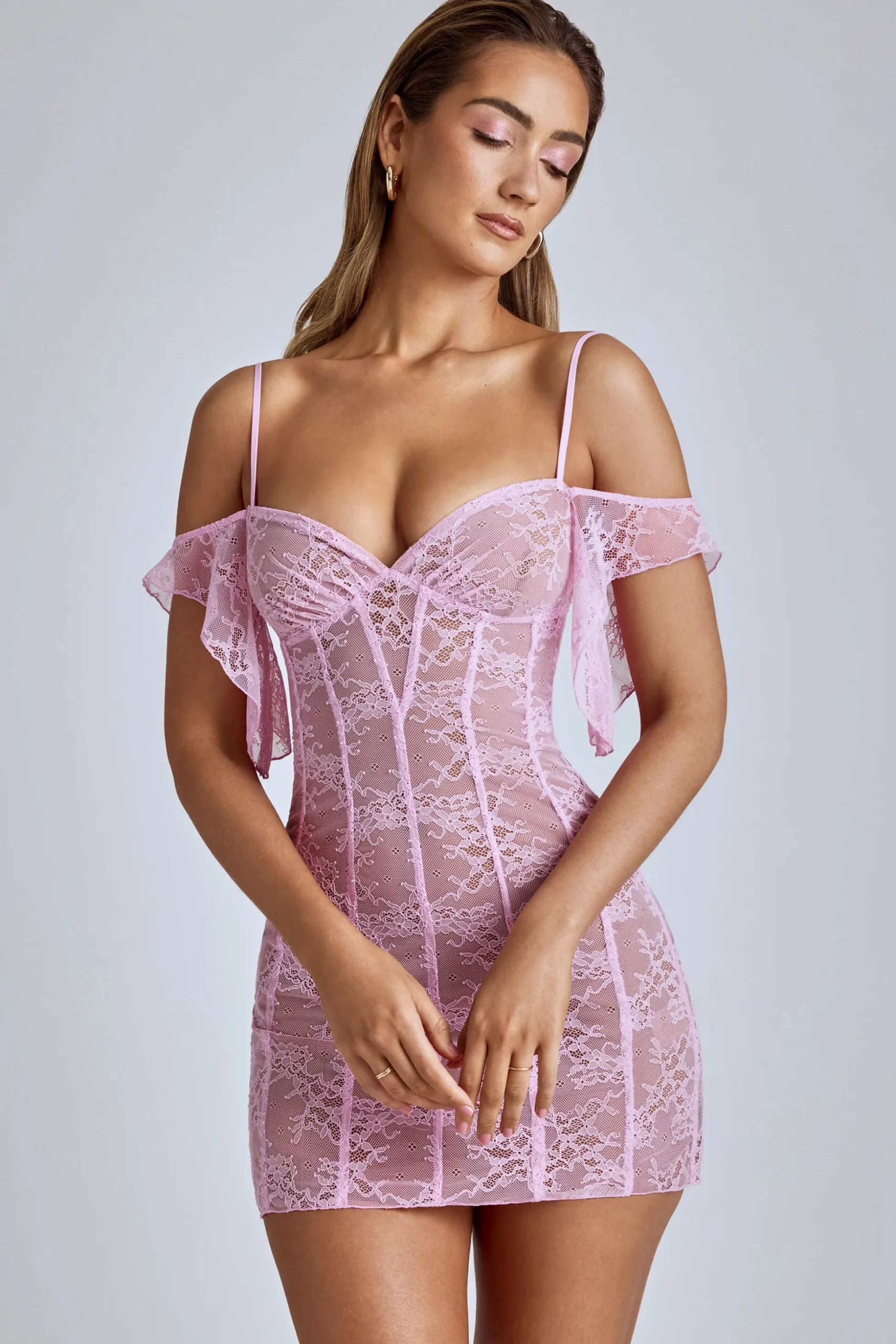 Oh Polly Women'S Clothing Sale - $65 And Under^Sheer Lace A-Line Mini Dress in Baby Pink BabyPink