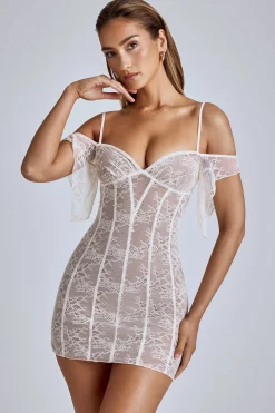 Oh Polly Bride To Be^Sheer Lace A-Line Mini Dress in Ivory