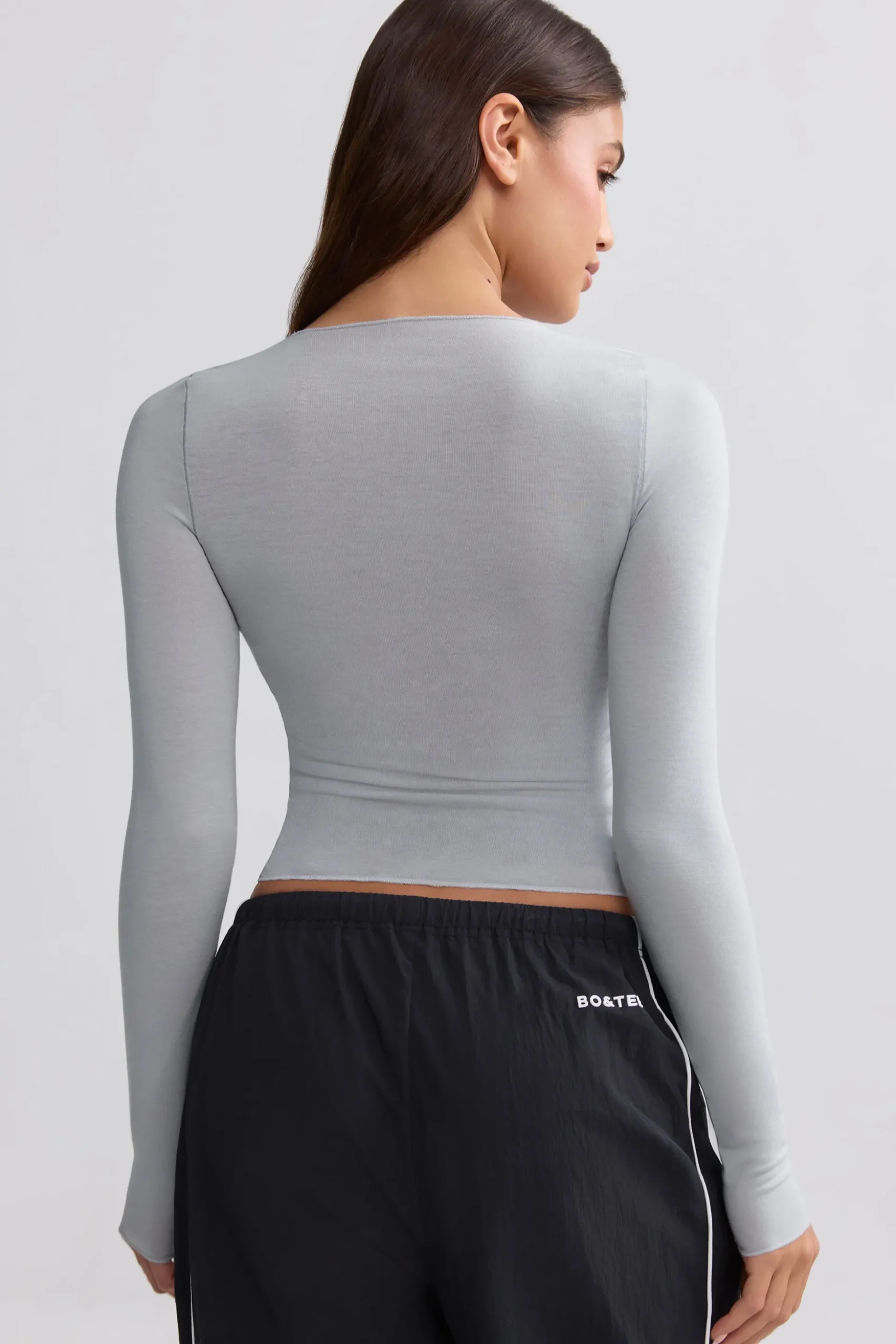 Oh Polly Tops^Sheer Long-Sleeve Top in Ice Grey IceGrey