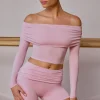 Oh Polly Matching Sets | Tops^Sheer Off-Shoulder Long-Sleeve Top in Soft Pink SoftPink