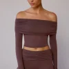 Oh Polly Matching Sets | Tops^Sheer Off-Shoulder Long-Sleeve Top in Taupe Brown TaupeBrown