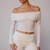 Oh Polly Matching Sets | Tops^Sheer Off-Shoulder Long-Sleeve Top in Soft White SoftWhite