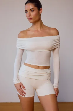 Oh Polly Matching Sets | Tops^Sheer Off-Shoulder Long-Sleeve Top in Soft White SoftWhite