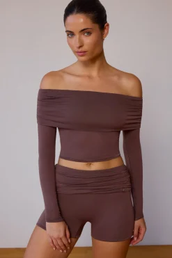 Oh Polly Matching Sets | Tops^Sheer Off-Shoulder Long-Sleeve Top in Taupe Brown TaupeBrown