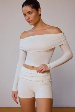 Oh Polly Matching Sets | Tops^Sheer Off-Shoulder Long-Sleeve Top in Soft White SoftWhite