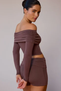 Oh Polly Matching Sets | Tops^Sheer Off-Shoulder Long-Sleeve Top in Taupe Brown TaupeBrown