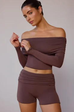 Oh Polly Matching Sets | Tops^Sheer Off-Shoulder Long-Sleeve Top in Taupe Brown TaupeBrown