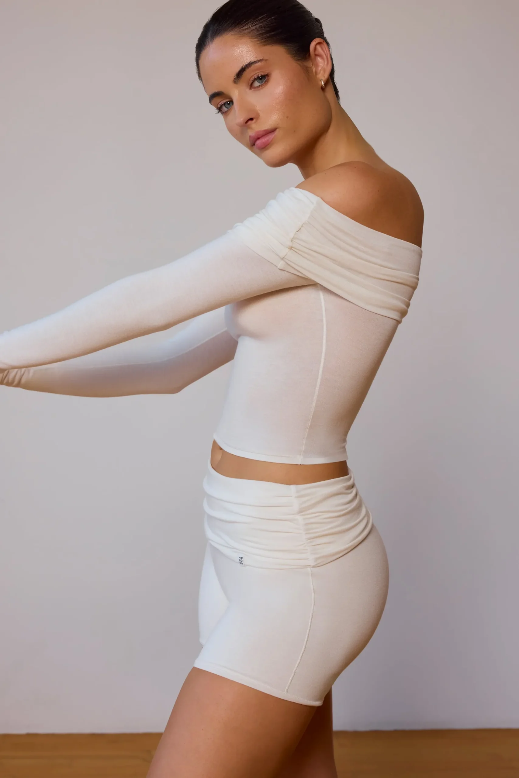 Oh Polly Matching Sets | Tops^Sheer Off-Shoulder Long-Sleeve Top in Soft White SoftWhite
