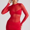 Oh Polly Night Out | Mesh Dresses^Sheer Panelled Long Sleeve Mini Dress in Fire Red FireRed